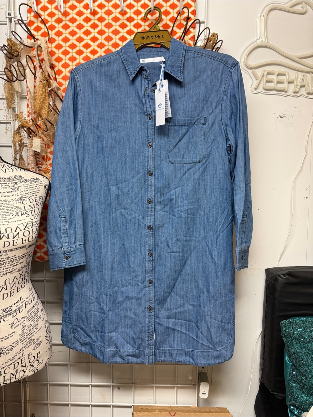 Casual Denim Midi Shirt Dress - Blue